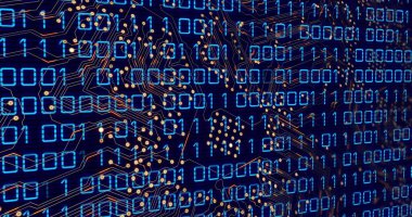 Mavi arka planda mikro işlemcinin dijital olarak oluşturduğu kalp ikonu görüntüsü. İnsan biyolojisi ve teknoloji kavramı dijital olarak üretilen görüntü.