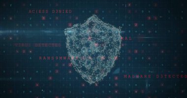 Birbirine bağlı düğüm ve çizgilerden oluşan dijital kalkan siber güvenliği temsil ediyor. Arkaplanda ACCESS DENIED ve MALWARE gibi kırmızı uyarı metinleri yer almaktadır.