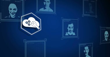 Mavi arka planda gösterilen çeşitli bireylerin dijital profilleri. Simgeler ve grafikler bir teknoloji veya sosyal medya teması öneriyor, modern ve bağlı bir atmosfer yaratıyor