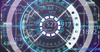 Siyah arkaplanda tarama ve veri işleme görüntüsü. Küresel teknoloji, bilgisayar ve dijital arayüz kavramı dijital olarak oluşturulmuş görüntü.