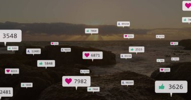 Manzara üzerinde sosyal medya veri işleme resmi. Küresel sosyal medya, hesaplama ve veri işleme kavramı dijital olarak oluşturulmuş resim.