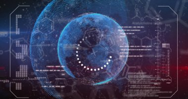 Noktaları ve ekranları bilgisayar dili ve moleküler yapısıyla birleştirilmiş kürelerin resmi. Dijital olarak üretilmiş, küresel iletişim, iş dünyası, ağ, tıbbi, geleceksel ve teknoloji.