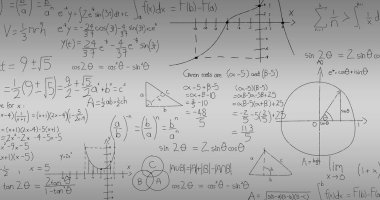 Soyut arkaplana karşı matematiksel denklemlerin ve diyagramların görüntüsü. Dijital olarak üretilen hologram, illüstrasyon, toplamlar, hesaplamalar, eğitim, çözüm ve teknoloji kavramı.