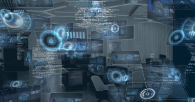 Boş ofise karşı çoklu tarama ve veri işleme görüntüsü. Bilgisayar arayüzü ve iş teknolojisi kavramı