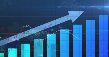 Mavi arka planda istatistiksel veri işleme resmi. Bilgisayar arayüzü ve iş veri teknolojisi kavramı