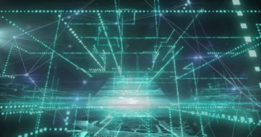 Siyah arkaplanda tıbbi veri işleme sistemi olan ekranların üzerindeki yeşil ışık izleri. Küresel ağ ve tıbbi araştırma teknolojisi kavramı