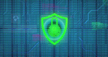 Veri işlemcisi, yuvarlak tarayıcı ve mikroişlemci bağlantıları üzerinde güvenlik asma kilit simgesi resmi. Siber güvenlik ve iş teknolojisi kavramı