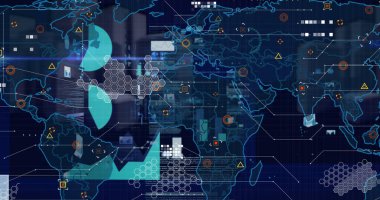 Dünya haritası, istatistik ve finansal veri işleme resimleri. Küresel bağlantılar, iş, finans, hesaplama ve veri işleme kavramı dijital olarak oluşturuldu.