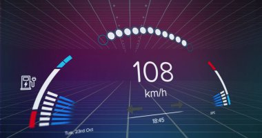 Mor gradyan arkaplana karşı şebeke üzerinde hız göstergesi resmi. Otomobil mühendisliği ve arayüz teknolojisi kavramı