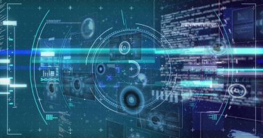 Radarlar üzerinde daireler, siyah arka plana karşı bilgisayar dili. Dijital olarak üretilmiş, hologram, küreselleşme, sonar, molekül, kodlama, soyut ve teknoloji kavramı.