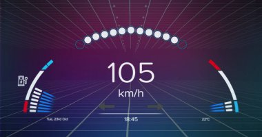 Mor gradyan arkaplana karşı şebeke üzerinde hız göstergesi resmi. Otomobil mühendisliği ve arayüz teknolojisi kavramı