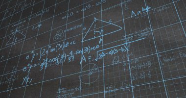 Matematiksel denklemlerin ve formüllerin, şebeke ağı üzerinden dokulu gri arkaplan karşısındaki görüntüsü. Okul ve eğitim kavramı