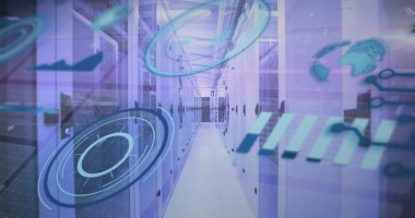 Sunucu odasına karşı grafikler, daireler, dünya ve ses dalgaları üzerinden dalga desenleri. Dijital bileşik, çoklu pozlama, rapor, iş, küreselleşme, teknoloji ve ağ sunucu kavramı.