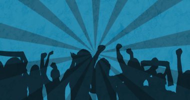 Mavi arkaplandaki çizgilerin üzerindeki insan siluetleri. Parti, kutlama ve dijital arayüz kavramı dijital olarak oluşturuldu.