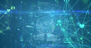 Birbirine bağlı simgeler ve noktaların soyut arka planda küre oluşturması. Dijital olarak üretilmiş, hologram, iletişim, küreselleşme, illüstrasyon, aydınlanma ve teknoloji kavramı.