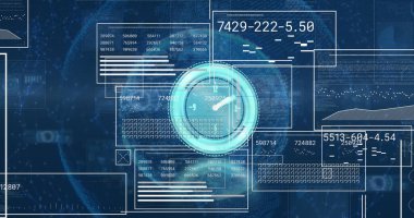 Görüntü neon saati ve mavi arkaplandaki veri işleme arayüzleri. Bilgisayar arayüzü ve iş teknolojisi kavramı