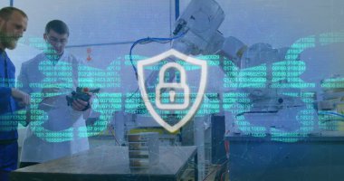 Tablet kullanan çeşitli bilim adamları üzerinde asfalt ve veri işleme resmi. Küresel siber güvenlik, bilim, bilgisayar ve veri işleme kavramı dijital olarak oluşturuldu.