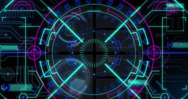 Yuvarlak tarayıcı, mikro işlemci bağlantıları ve veri işleme arayüzünün resmi. Bilgisayar arayüzü ve iş teknolojisi kavramı