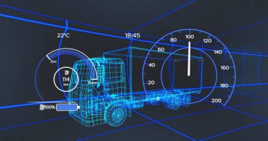 Siyah arka planda dijital kamyonun üzerindeki araba arayüzü. Küresel ulaşım, seyahat ve dijital arayüz kavramı dijital olarak oluşturuldu.