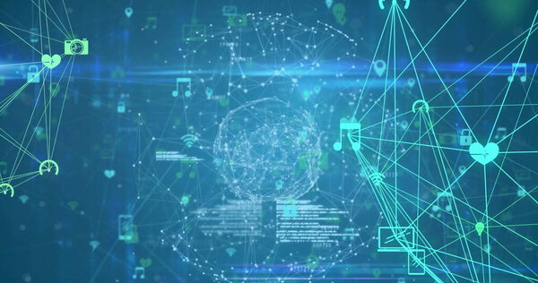 Изображение связанных иконок и точек, образующих глобусы на абстрактном фоне. Цифровая генерация, голограмма, коммуникация, глобализация, иллюстрация, освещение и технологическая концепция.