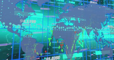 Dünya haritasıyla istatistik ve veri işleme resimleri. Küresel hesaplama ve veri işleme kavramı dijital olarak oluşturulmuş resim.