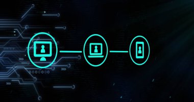 Parlak mavi arkaplanda bilgisayar arayüzü olan üç yeşil dijital simge. Dijital arayüz teknolojisi ve bağlantılar konsepti dijital ortamda oluşturuldu.