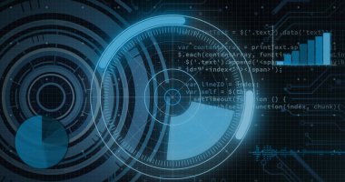 Siyah arkaplanda tarama ve veri işleme dürbünü görüntüsü. Küresel hesaplama ve veri işleme kavramı dijital olarak oluşturulmuş resim.