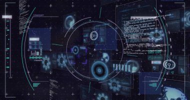 Radarlar üzerinde daireler, siyah arka plana karşı bilgisayar dili. Dijital olarak üretilmiş, hologram, küreselleşme, sonar, molekül, kodlama, soyut ve teknoloji kavramı.