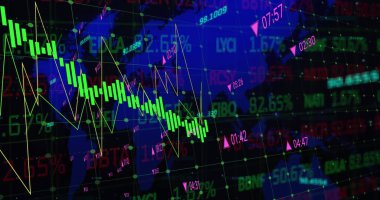 Siyah arkaplan üzerinde sayıları değişen ve ticaret tahtası olan çoklu grafiklerin resmi. Dijital olarak üretilmiş, hologram, global, report, business, stock market ve büyüme kavramı.