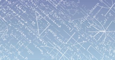 Mavi arkaplanda matematiksel veri işleme resmi. Bilim ve öğrenme kavramı dijital olarak oluşturulmuş görüntü.