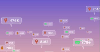 Mor arkaplan üzerinde yüzen sosyal medya simgelerinin resmi. Sosyal medya ağı ve iş teknolojisi kavramı