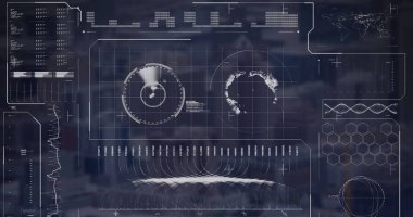 Radar görüntüsü, dünya, arka planda modern şehrin üzerine barlar yükleme. Dijital bileşik, çoklu pozlama, sonar, iş, ilerleme, küreselleşme, binalar ve mimari konsept.