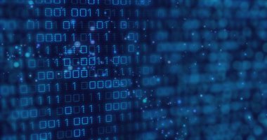 Veri işleme ve siyah arkaplanda ikili kodlama resmi. Küresel hesaplama ve veri işleme kavramı dijital olarak oluşturulmuş resim.