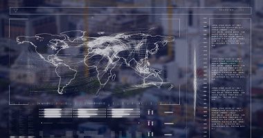 Arka planda modern şehir üzerinde çubuk, harita ve dalga desenleri yükleme resmi. Dijital bileşik, çoklu pozlama, iş, ilerleme, soyut, küresel, binalar ve mimari konsept.