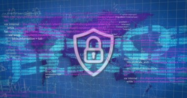 Mavi arkaplandaki veri işleme üzerine asma kilit simgesi resmi. Küresel çevrimiçi güvenlik, iş, finans, hesaplama ve veri işleme kavramı dijital olarak oluşturulmuş görüntü.