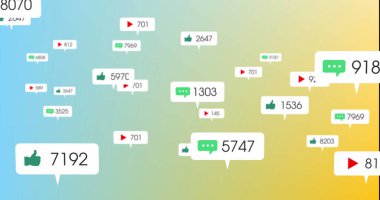 Sosyal medya simgelerinin sarı ve mavi gradyan arka planda yüzüşü. Sosyal medya ağı ve iş teknolojisi kavramı