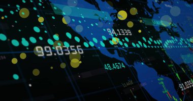 Dünya haritasında kara arkaplana karşı veri işleme görüntüsü. Küresel ağ ve iş teknolojisi kavramı