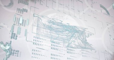 Bağlı çemberlerin resmi, çubuklar, küreler ve beyaz arkaplan üzerinde harita. Dijital olarak üretilen hologram, illüstrasyon, iş, ilerleme, iletişim ve küreselleşme kavramı.