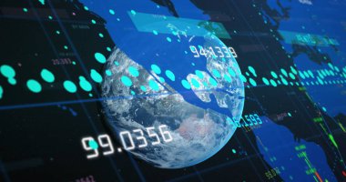 Dünya üzerinde veri işleme görüntüsü. Dijital olarak oluşturulmuş küresel bağlantılar, hesaplama ve veri işleme kavramı.