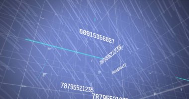 Mavi arkaplanda veri işleme ve ızgara resmi. Küresel hesaplama ve veri işleme kavramı dijital olarak oluşturulmuş resim.