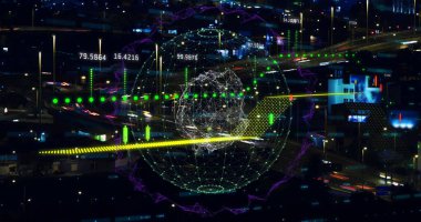 Yol trafiği ve gece manzarası üzerindeki finansal grafikler. şehir hayatı, finans ve ekonomi kavramı dijital olarak oluşturulmuş imaj.
