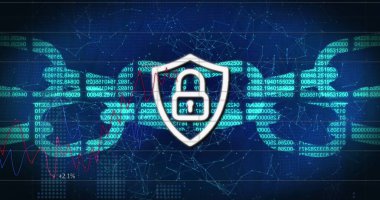 Güvenlik kilidi, zincir simgesi, bağlantı ağı ve istatistiksel veri işleme görüntüsü. Siber güvenlik ve iş teknolojisi kavramı