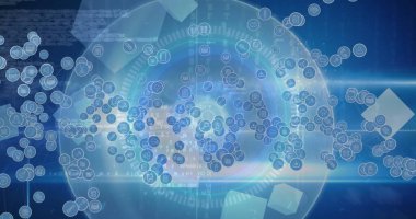 Finansal veri işleme ve karanlık arkaplan üzerine düşen simgelerin resmi. Küresel bağlantılar, veri işleme ve dijital arayüz konsepti dijital olarak oluşturulmuş resim.