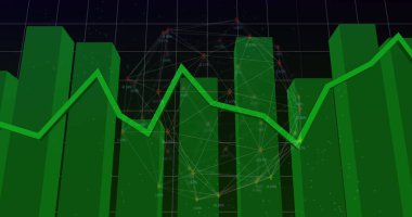 Siyah arka planda finansal veri işleme üzerinden bağlantı ağının resmi. Küresel finansman, bilgisayar ve dijital arayüz kavramı dijital olarak oluşturulmuş görüntü.