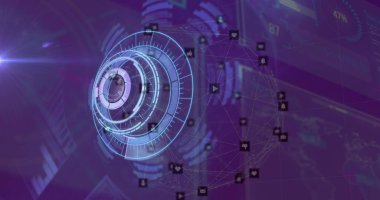 Ekranlarda tarama ve veri işleme alanı görüntüsü. Küresel hesaplama, bağlantılar ve veri işleme kavramı dijital olarak oluşturulmuş resim.