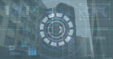 Şehir manzarası üzerinde veri işleme resmi. küresel iş ve dijital arayüz kavramı dijital olarak oluşturulmuş görüntü.