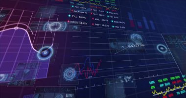 Şebeke üzerinde finansal veri işleme resmi. Küresel iş bağlantıları ve dijital arayüz konseptini dijital olarak oluşturur.