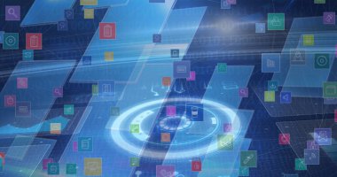 Mavi dijital ekrandaki simgelerin ve çeşitli verilerin resmi. ağ, dijital arayüz, veri ve teknoloji konsepti dijital olarak oluşturulmuş görüntü.