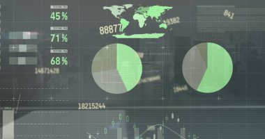 Modern şehrin üzerinde gökyüzüne karşı bilgi arayüzü olan rakamları değiştirme görüntüsü. Dijital bileşik, çoklu pozlama, rapor, iş, büyüme, küresel ve mimari kavram.