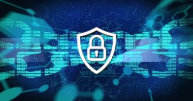 Verilerin üzerindeki dijital asma kilit görüntüsü ve donanma arkaplanındaki kilit. Veri, ağ ve dijital güvenlik konsepti dijital olarak oluşturuldu.